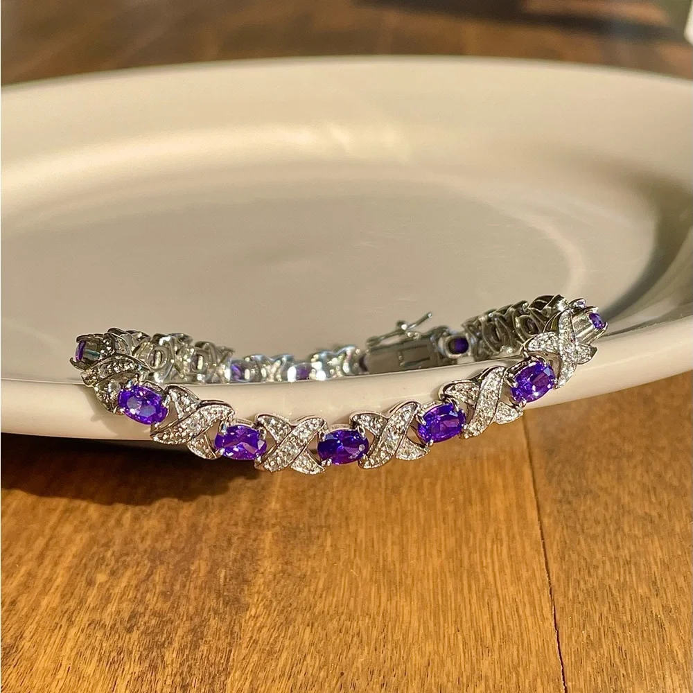 Genuine Amethyst & Silver Bracelet- 7.5” Like New- QVC- Stunning Gemstones! - Picture 7 of 16